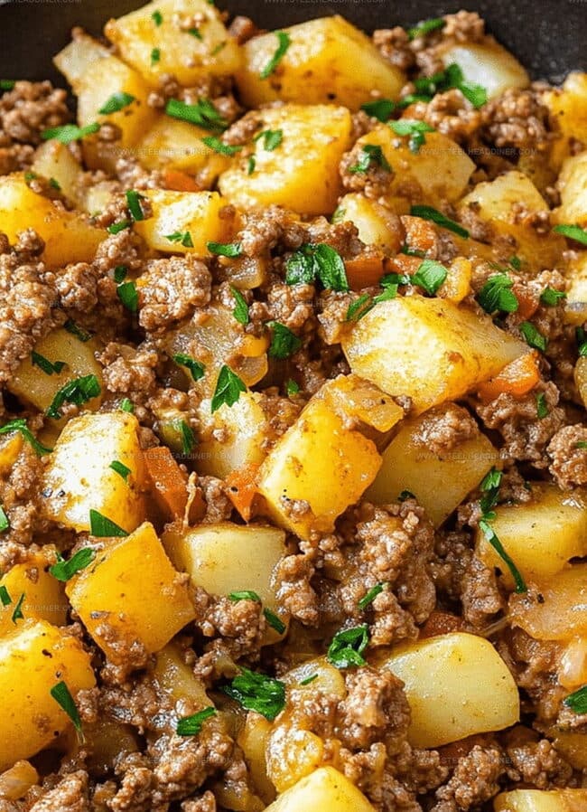 Ground Beef and Potatoes Skillet with Golden Potatoes and Shredded Cheese