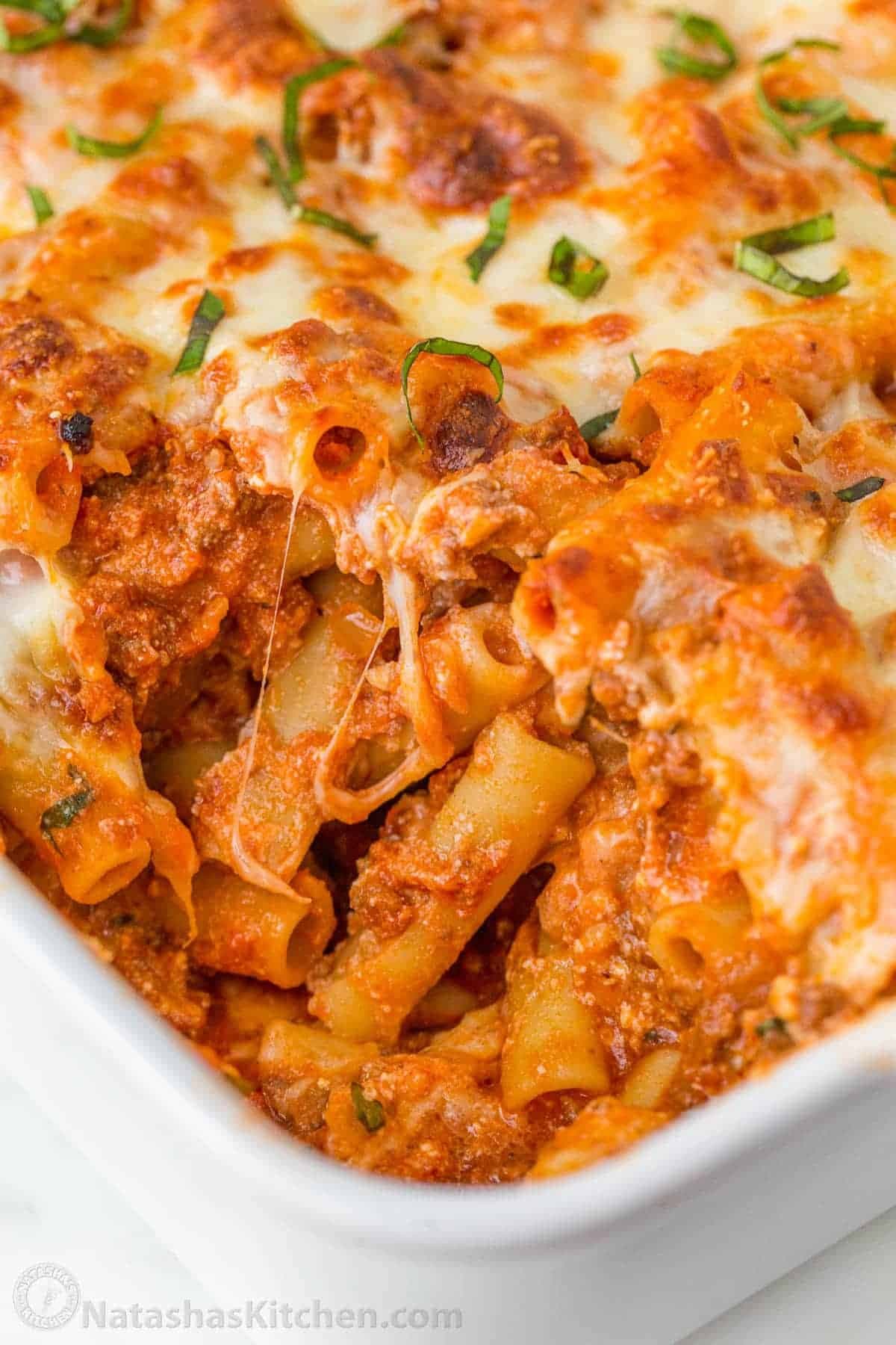 Baked Ziti with Saucy Beef, Ricotta, and Golden Cheese