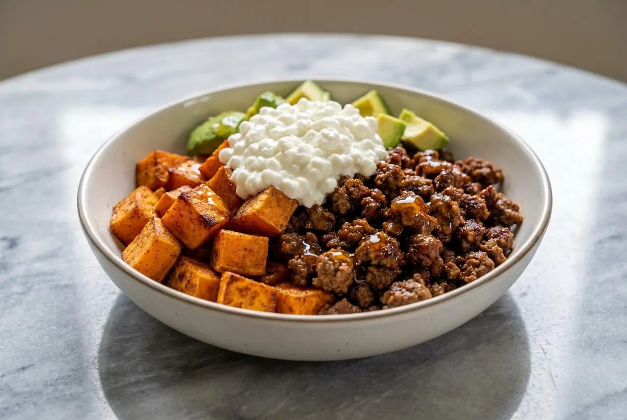 Hot Honey Cottage Cheese Sweet Potato Beef Bowl: A Sweet and Spicy Protein-Packed Meal