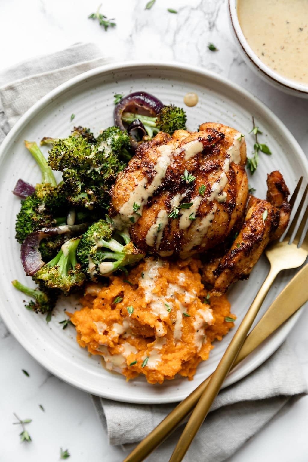 Sheet Pan Chipotle Chicken Thighs with Broccoli and Honey-Mustard Sauce
