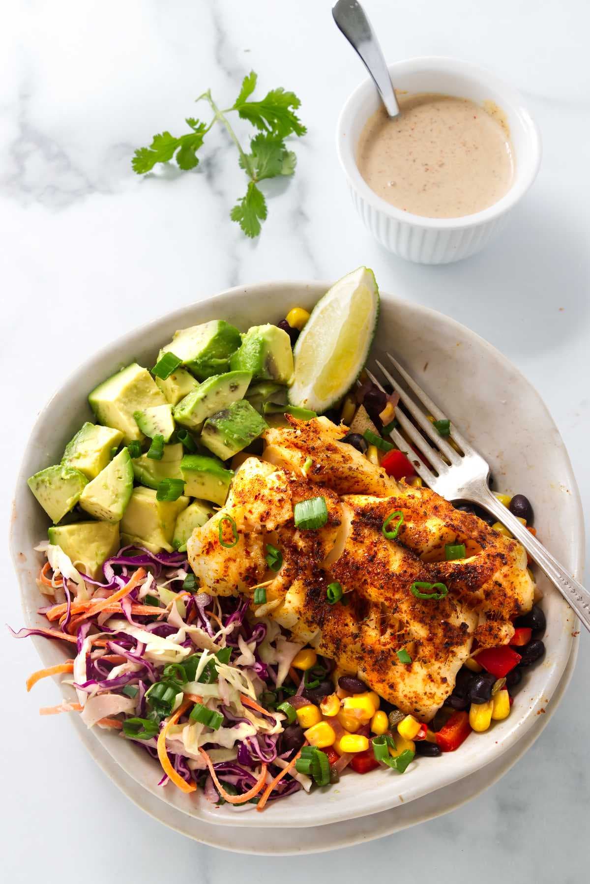 Baja Fish Taco Bowls with Flaky Cod and Black Bean Corn Salsa