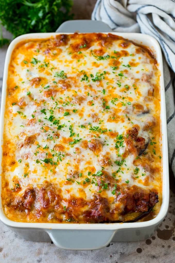 Eggplant Lasagna with Beefy Marinara and Golden Three-Cheese Layers