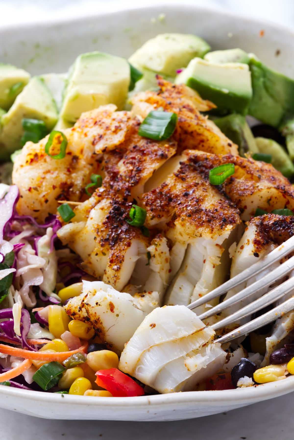 Baja Fish Taco Bowls with Flaky Cod and Black Bean Corn Salsa