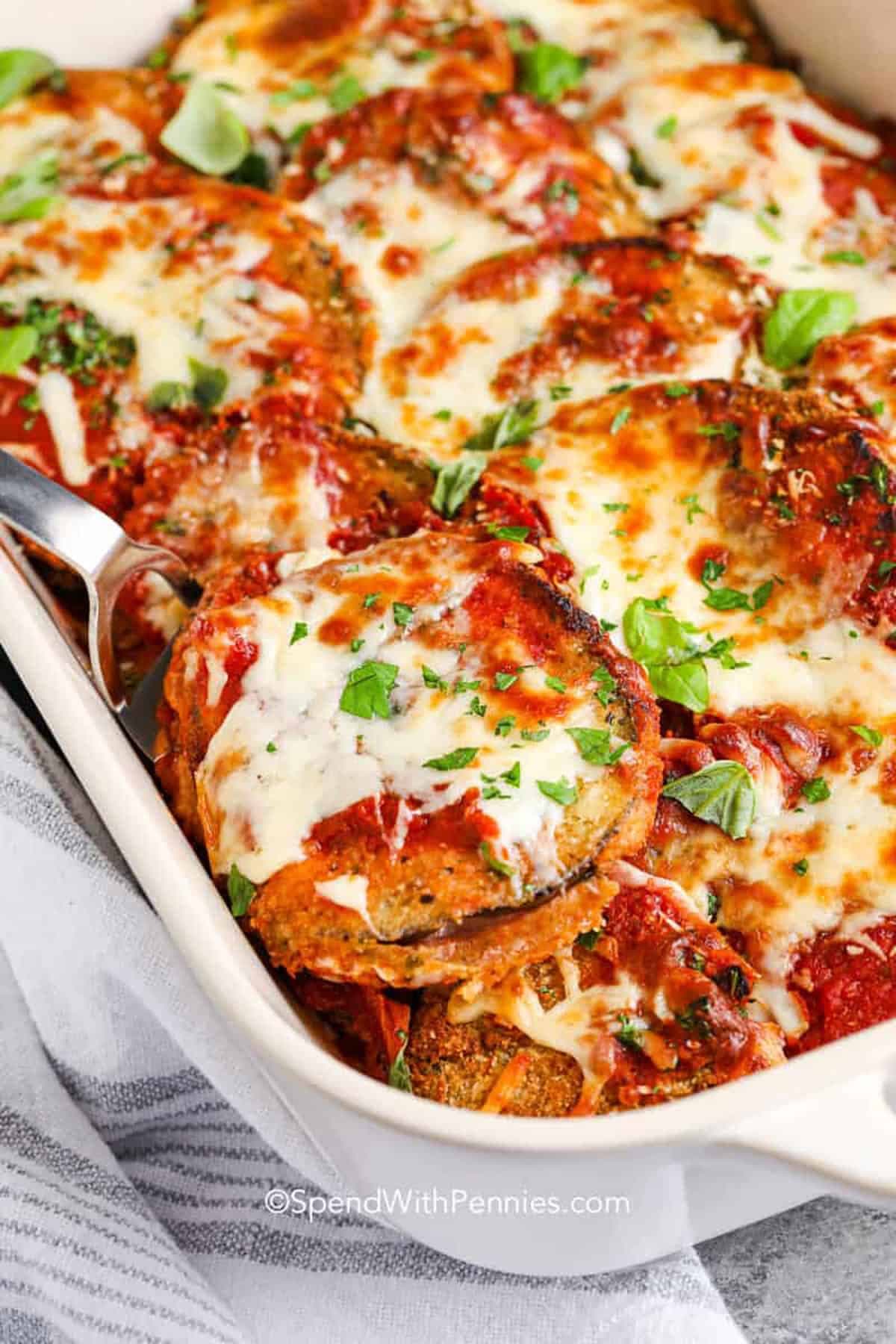 Eggplant Parmesan with Crispy Baked Eggplant and Melty Cheese