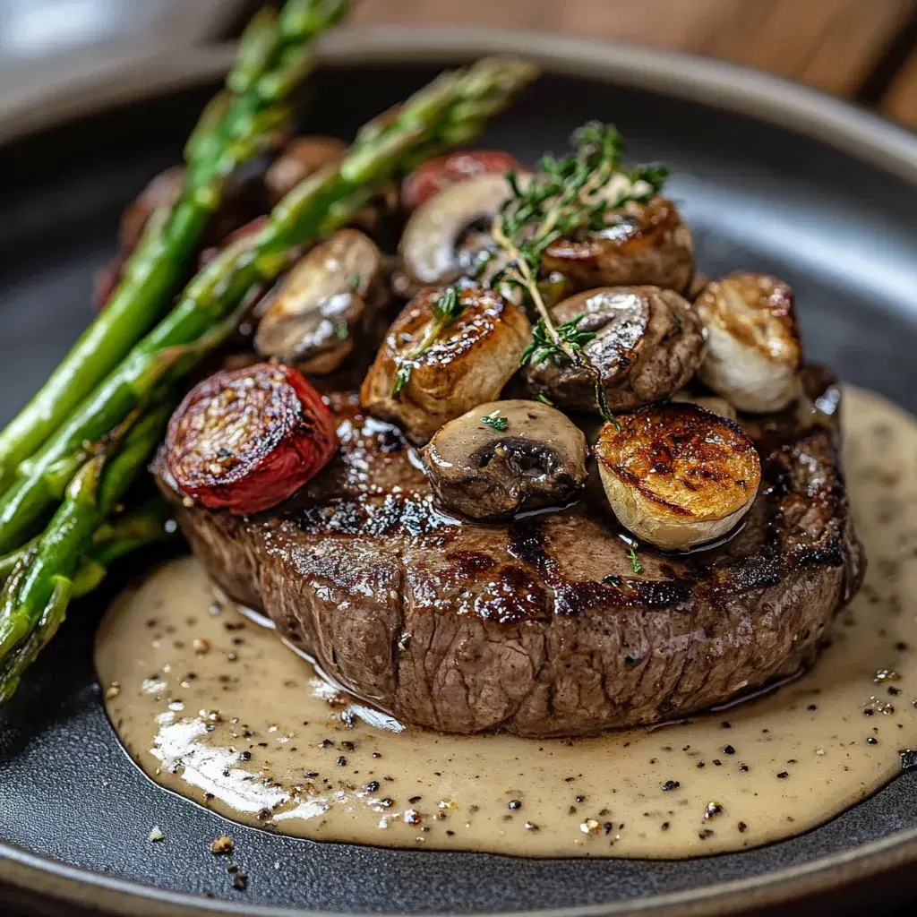 Premium Beef Steak with Creamy Mushroom Sauce and Garlic Asparagus: A Gourmet Delight