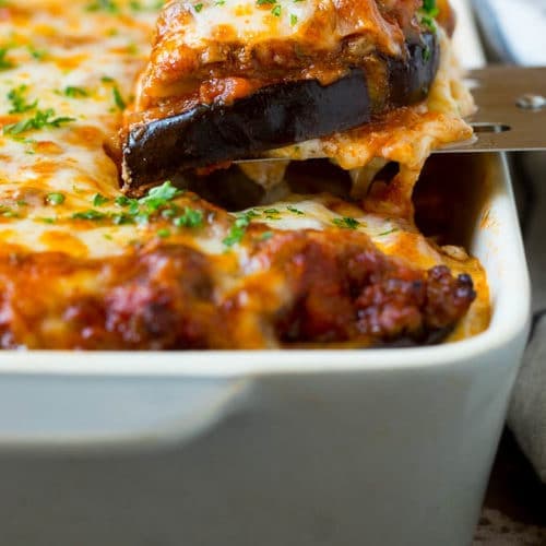 Eggplant Lasagna with Beefy Marinara and Golden Three-Cheese Layers