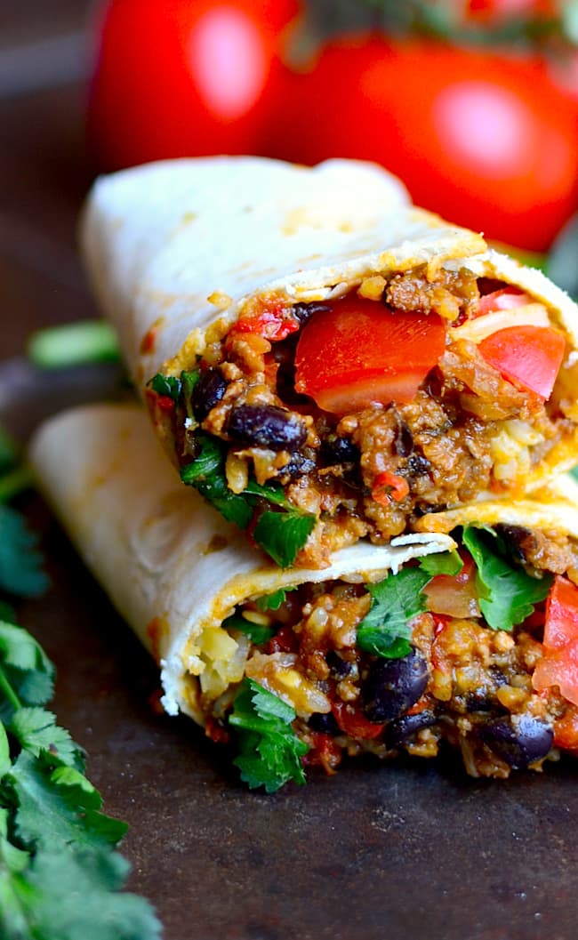 Basic Beef Burritos with Black Beans, Rice, and Peppers