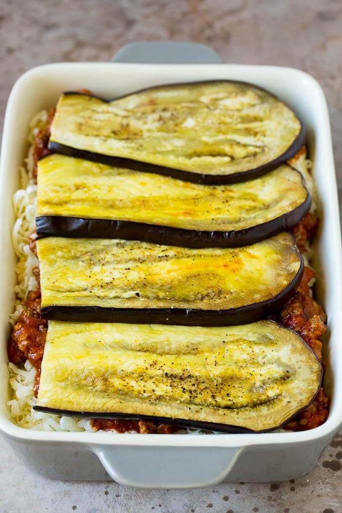 Eggplant Lasagna with Beefy Marinara and Golden Three-Cheese Layers