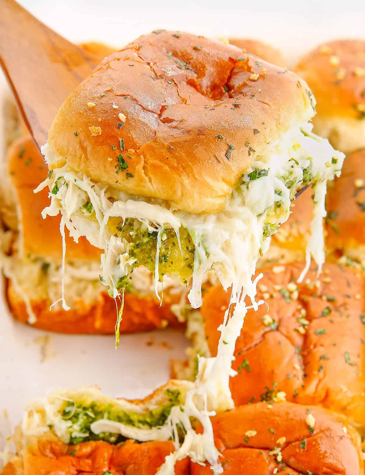 Cheesy Garlic Pesto Chicken Sliders with Gooey Mozzarella