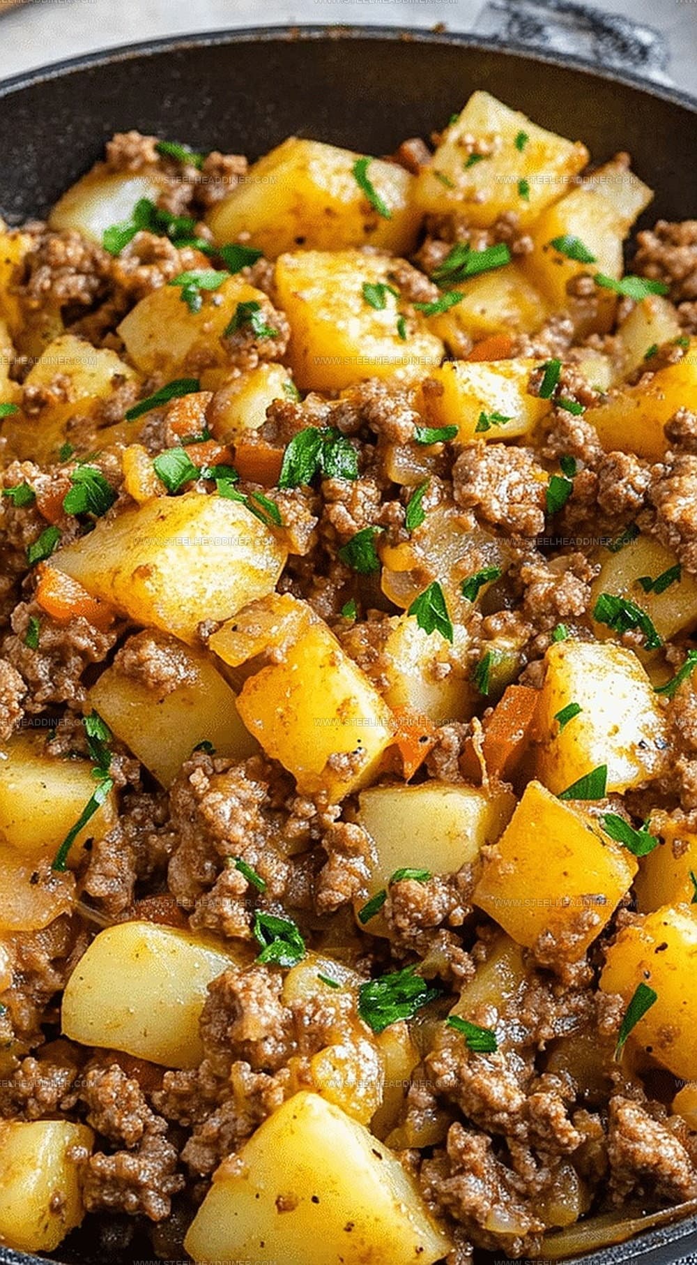 Ground Beef and Potatoes Skillet with Golden Potatoes and Shredded Cheese