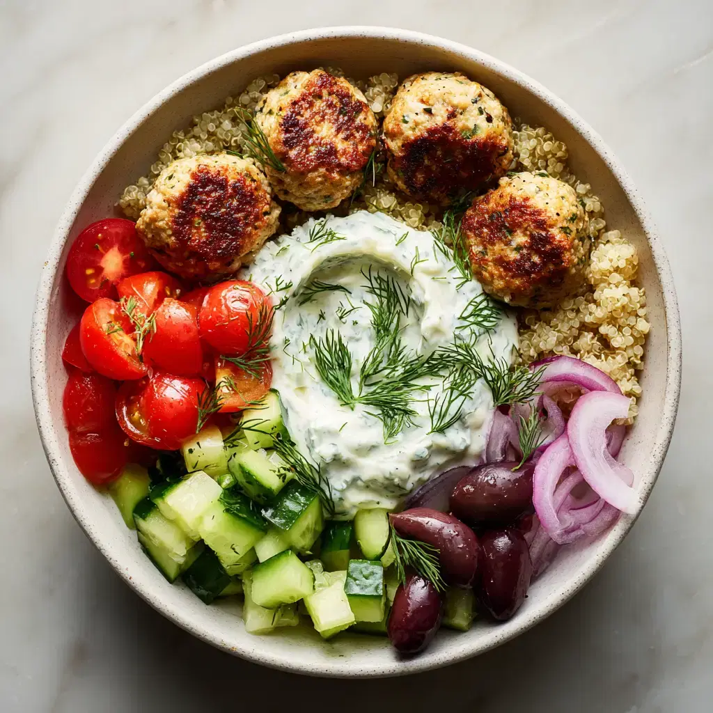 Greek Turkey Meatball Bowls with Quinoa and Tzatziki