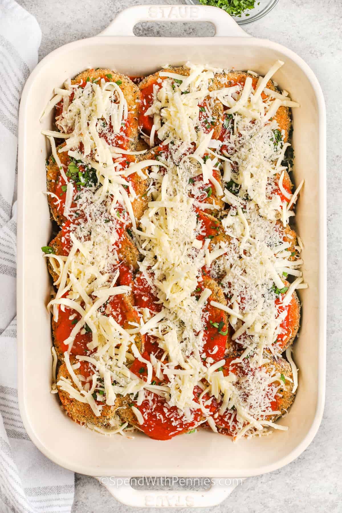Eggplant Parmesan with Crispy Baked Eggplant and Melty Cheese