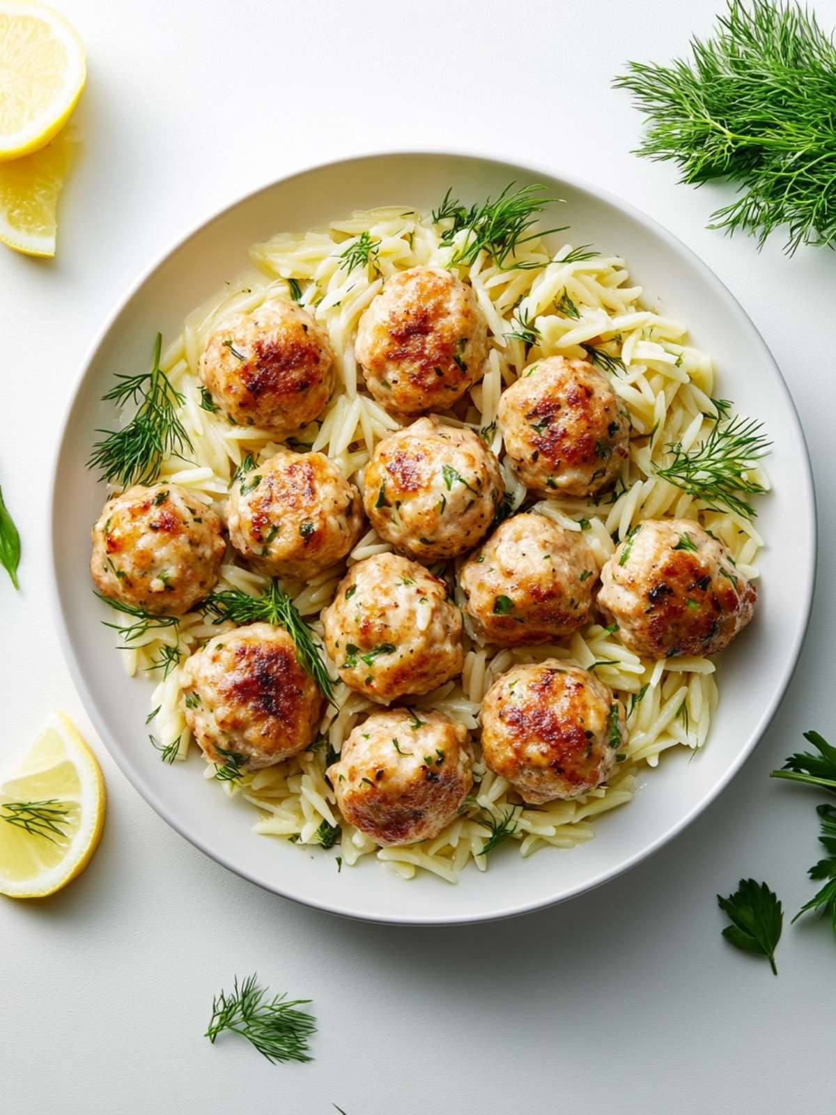 Greek Chicken Meatballs with Bright Lemon Orzo