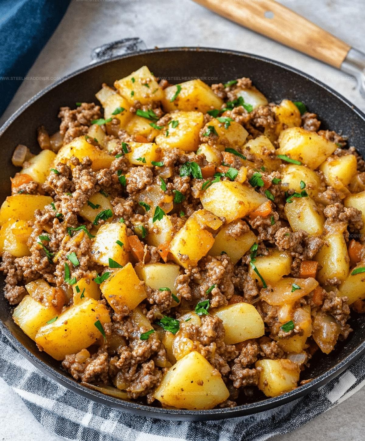 Ground Beef and Potatoes Skillet with Golden Potatoes and Shredded Cheese