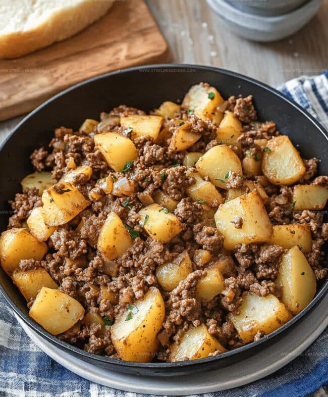 Ground Beef and Potatoes Skillet with Golden Potatoes and Shredded Cheese