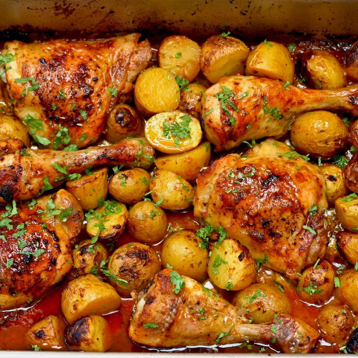 One-Pan Chicken and Potatoes with Tangy Tomato Lemon Sauce