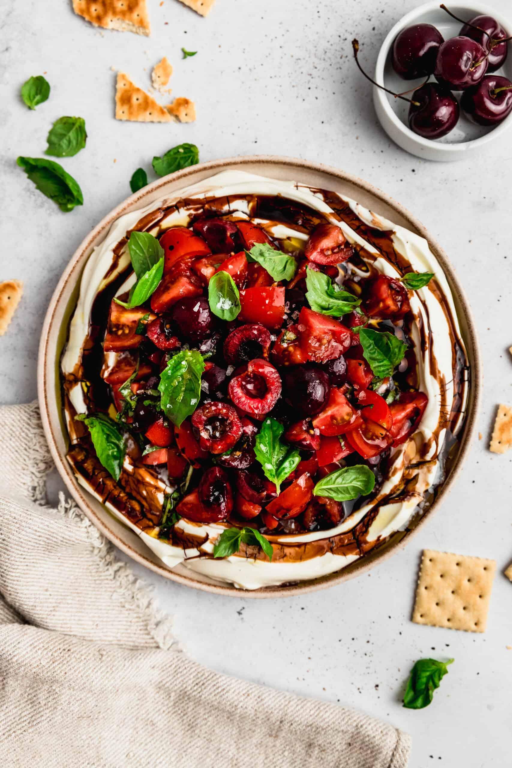 Cold Caprese Dip with Cherry Tomatoes and Fruit
