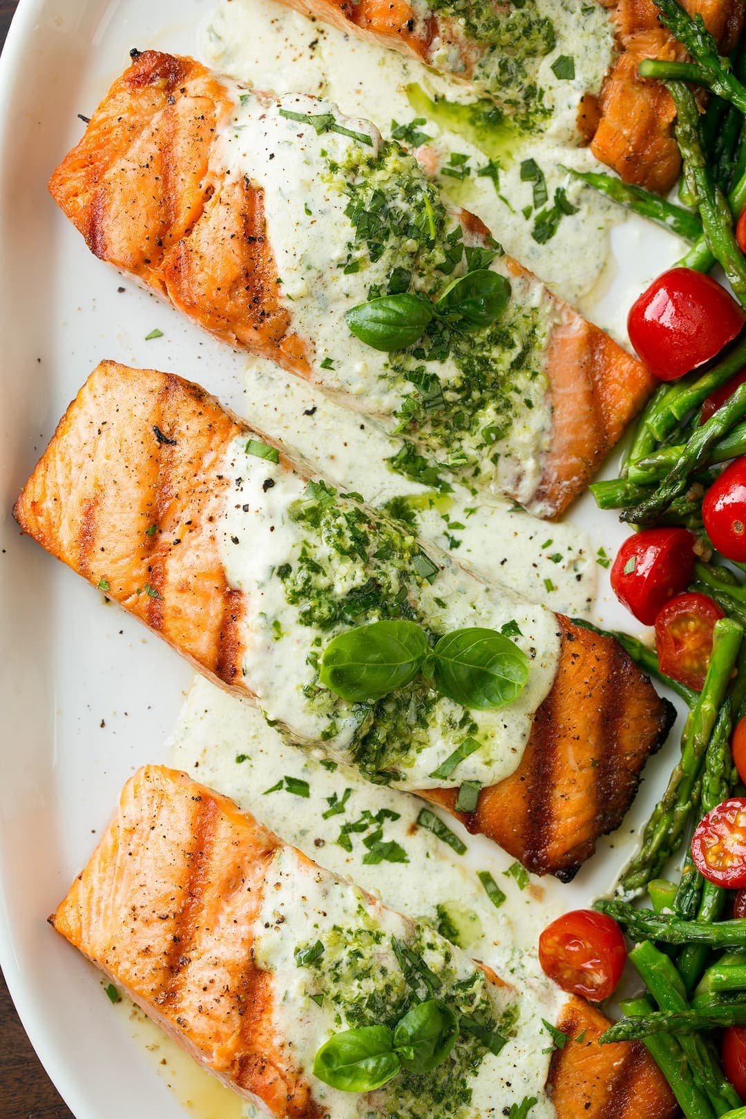 Grilled Salmon with Creamy Pesto Sauce and Light Char