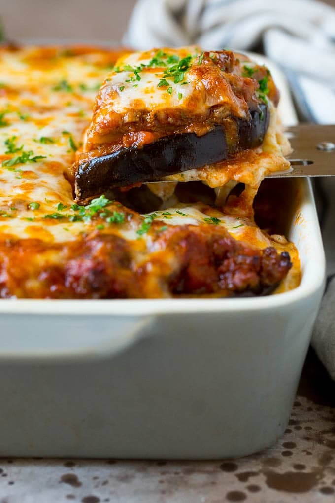 Eggplant Lasagna with Beefy Marinara and Golden Three-Cheese Layers
