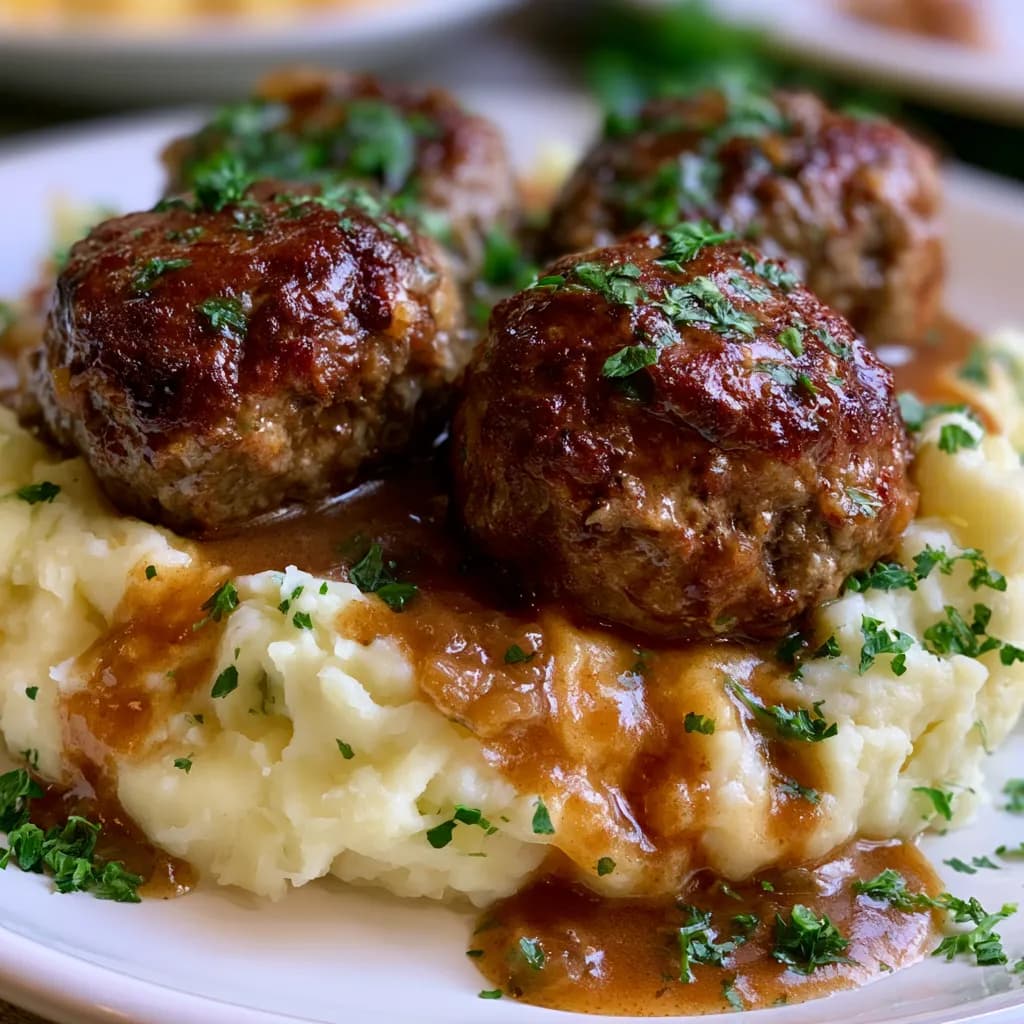 Salisbury Steak Meatballs: Classic Comfort with Garlic Herb Mashed Potatoes