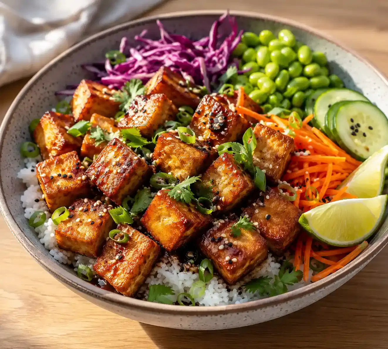 Crispy Tofu Rice Bowl: A Flavorful Plant-Based Meal with Fresh Vegetables