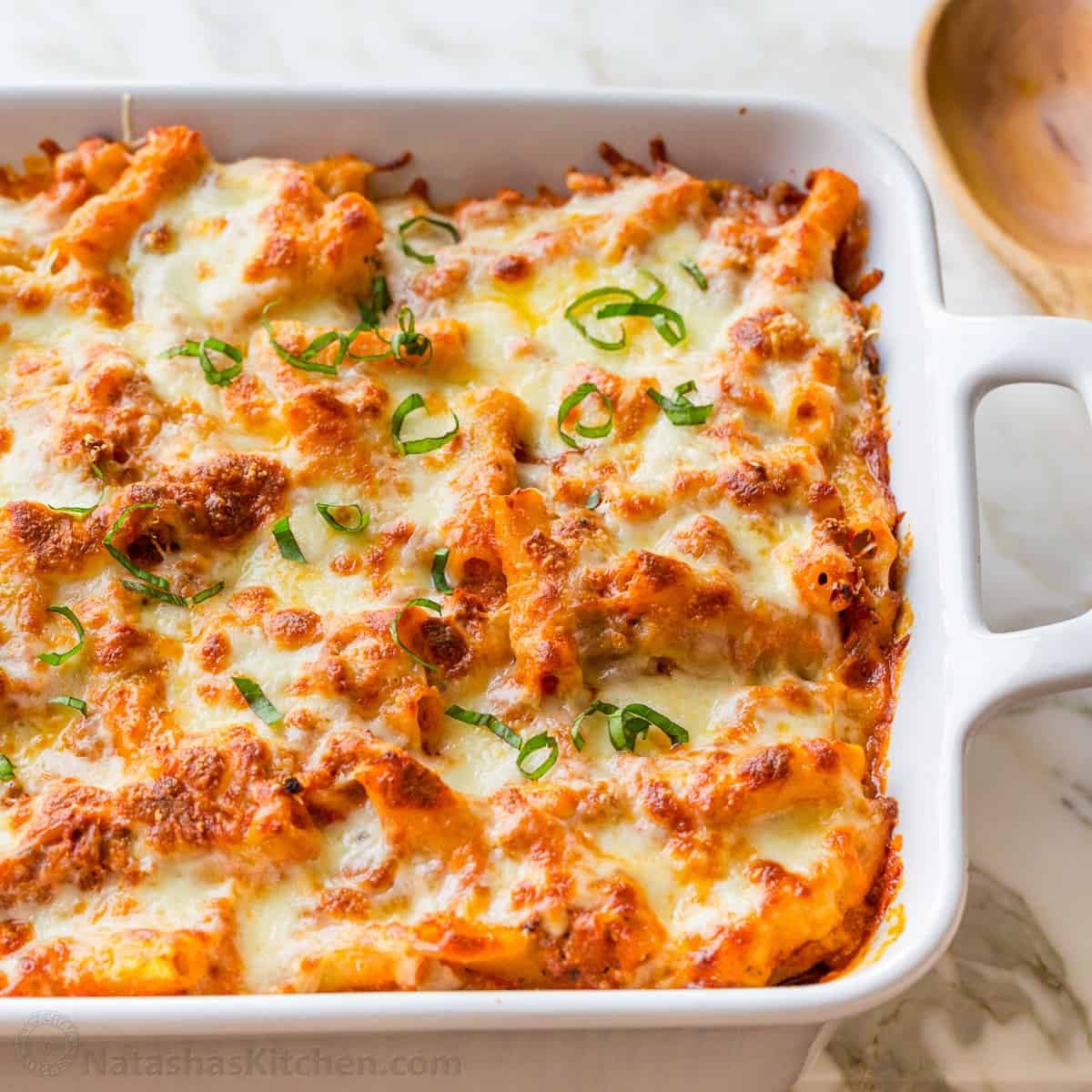 Baked Ziti with Saucy Beef, Ricotta, and Golden Cheese