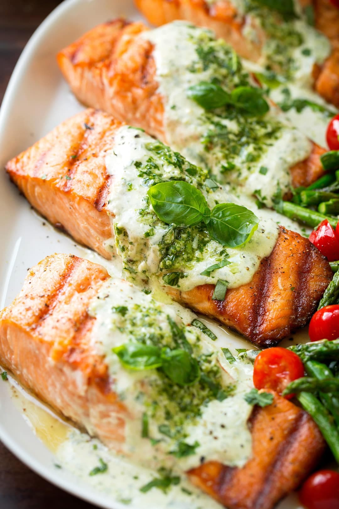 Grilled Salmon with Creamy Pesto Sauce and Light Char