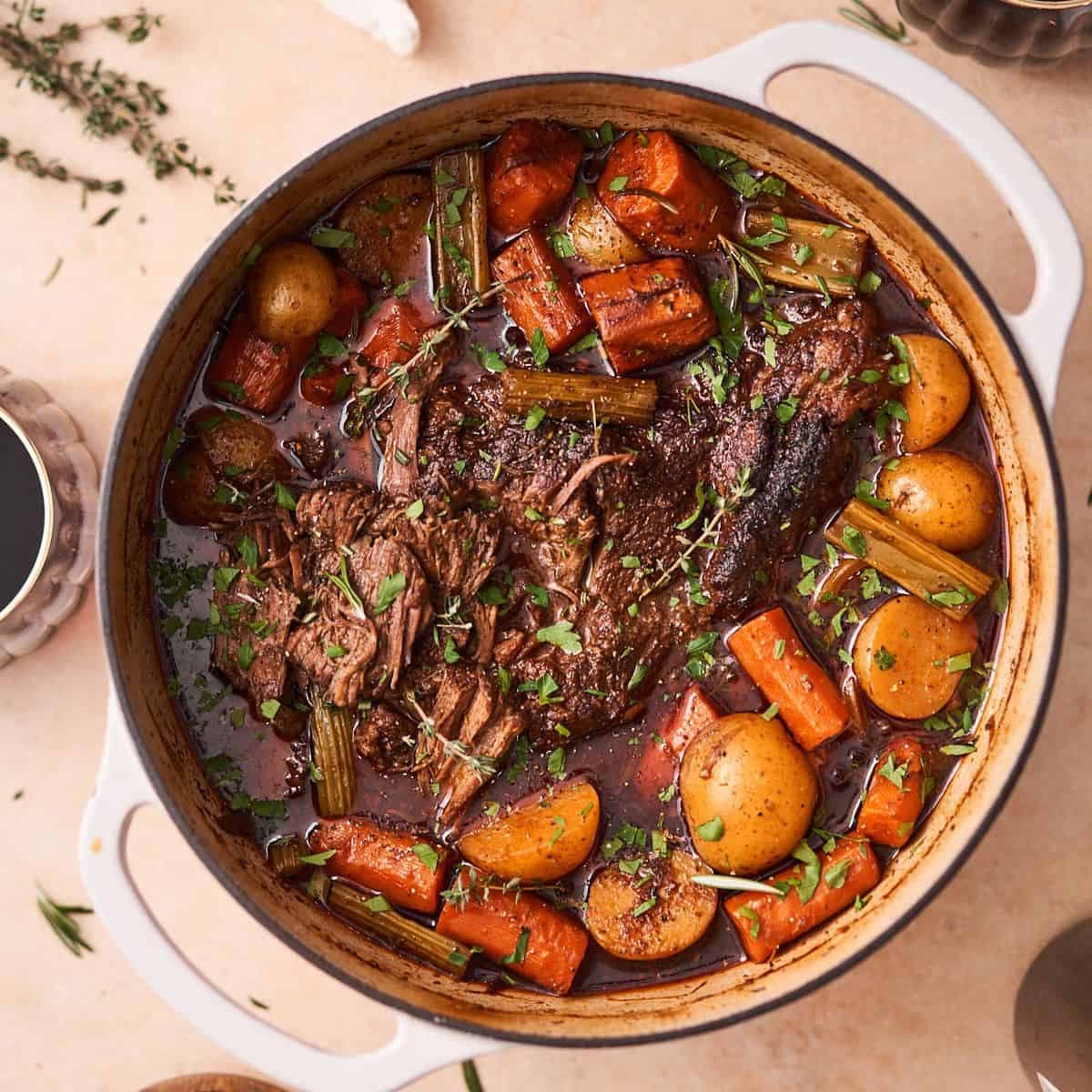 Dutch Oven Red Wine Pot Roast with Fork-Tender Beef and Root Vegetables