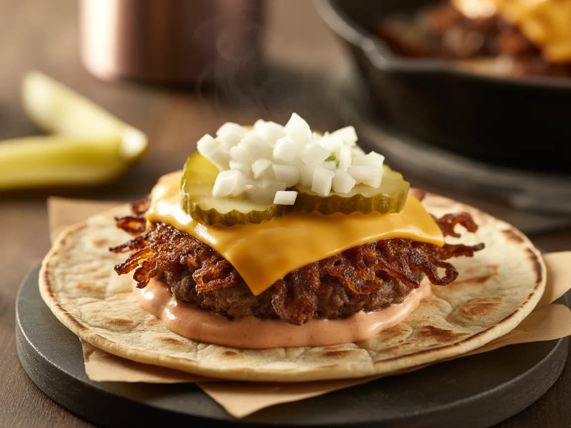 Smash Burger on Tortilla with Crispy Beef-Fat Toasted Edges