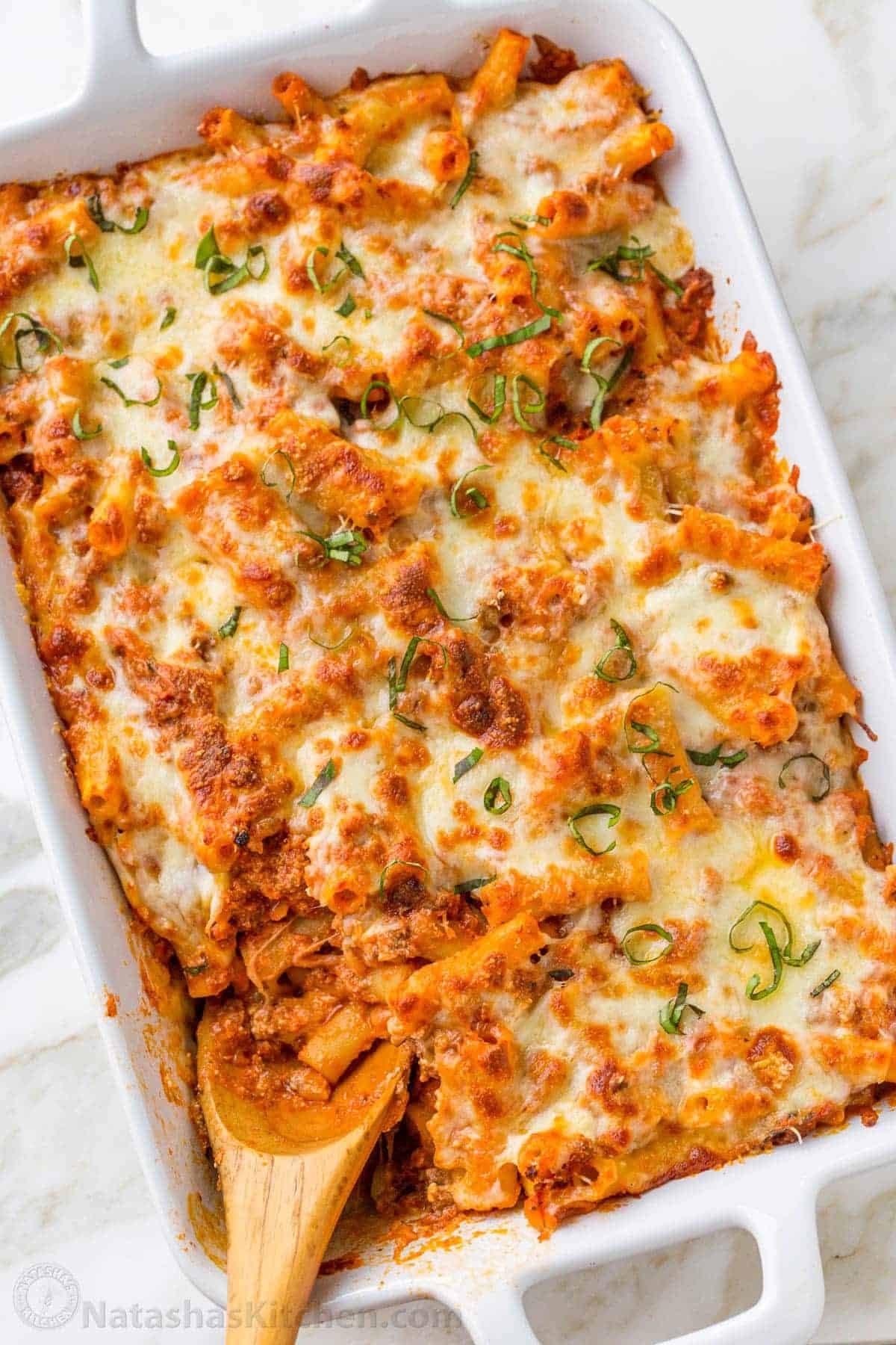 Baked Ziti with Saucy Beef, Ricotta, and Golden Cheese