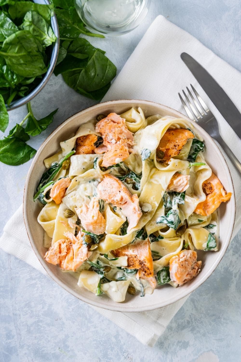 Creamy Salmon Pasta with Garlic, Capers, and Spinach