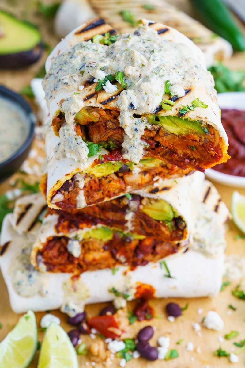 Pork Adobo Burritos With Creamy Tomatillo Ranch and Grilled Tortillas