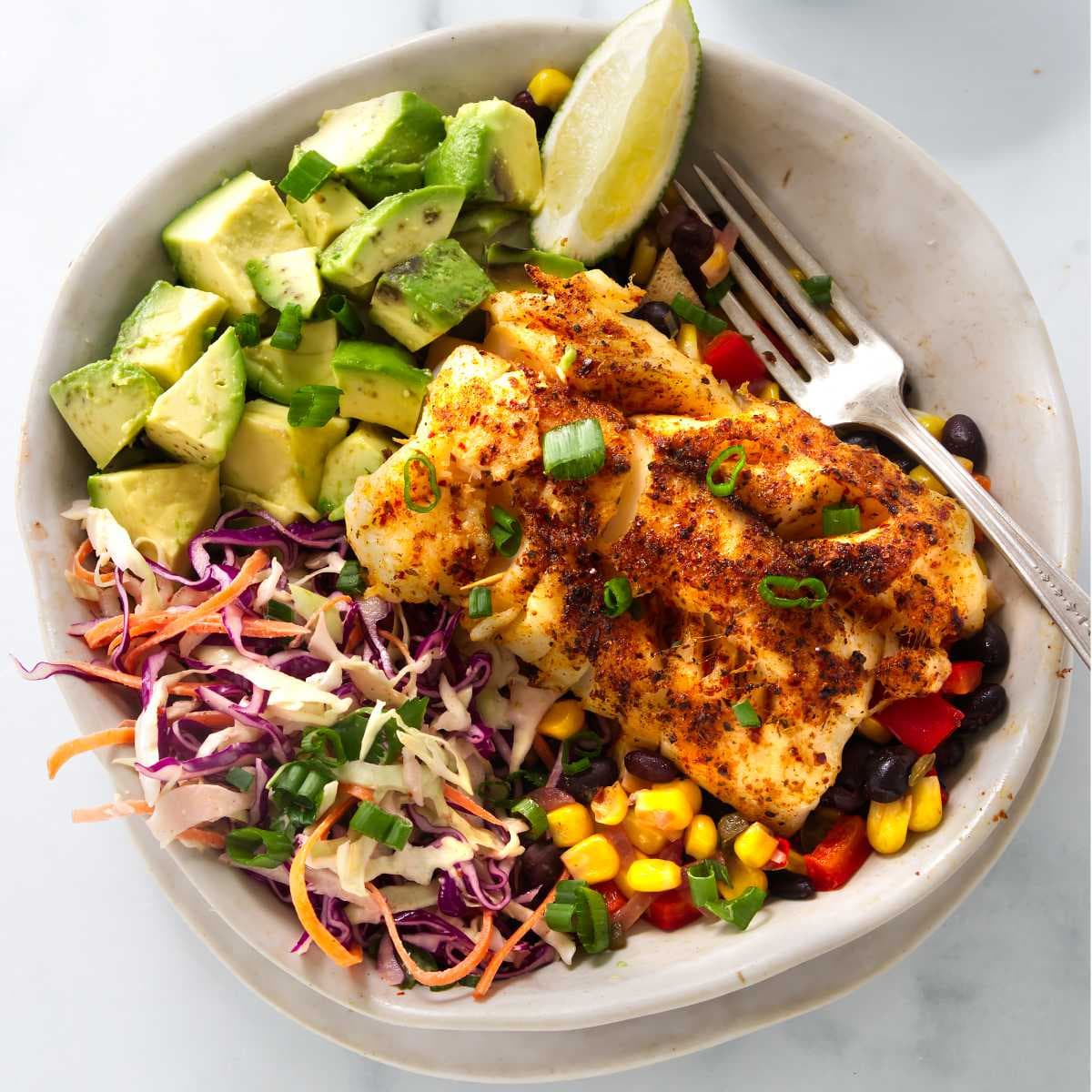 Baja Fish Taco Bowls with Flaky Cod and Black Bean Corn Salsa