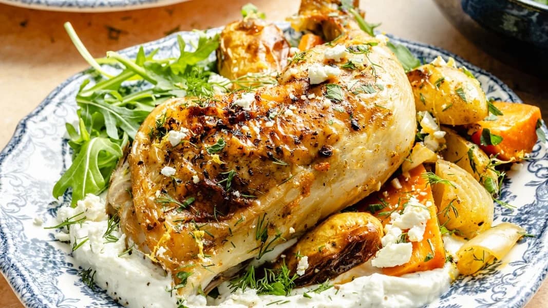 Whole Roasted Chicken With Potatoes, Lemon, Herbs and Feta