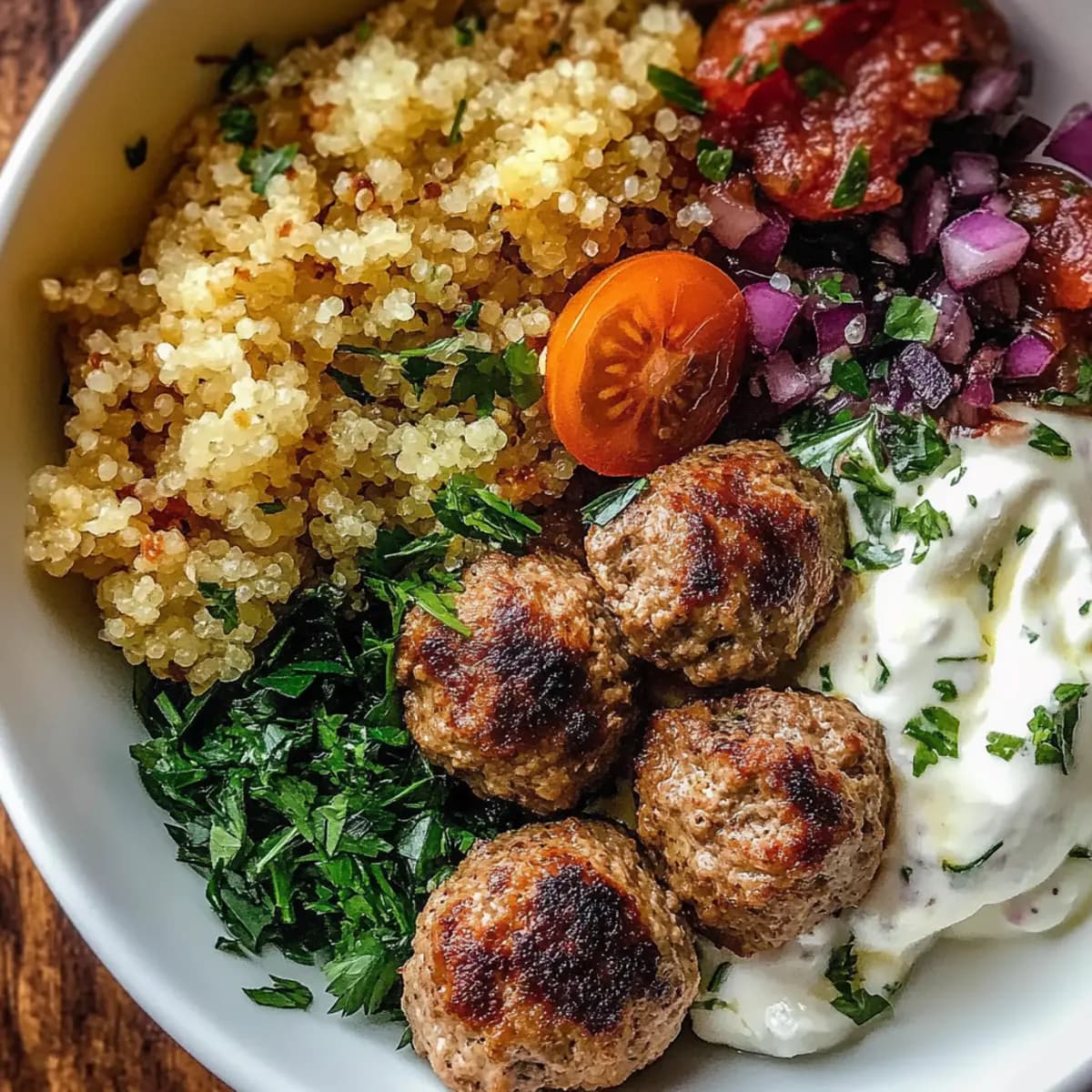 Greek Meatball Bowl with Savory Lamb and Quinoa