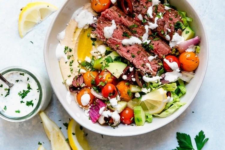 Mediterranean Steak Bowl with Herbed-Yogurt Dressing
