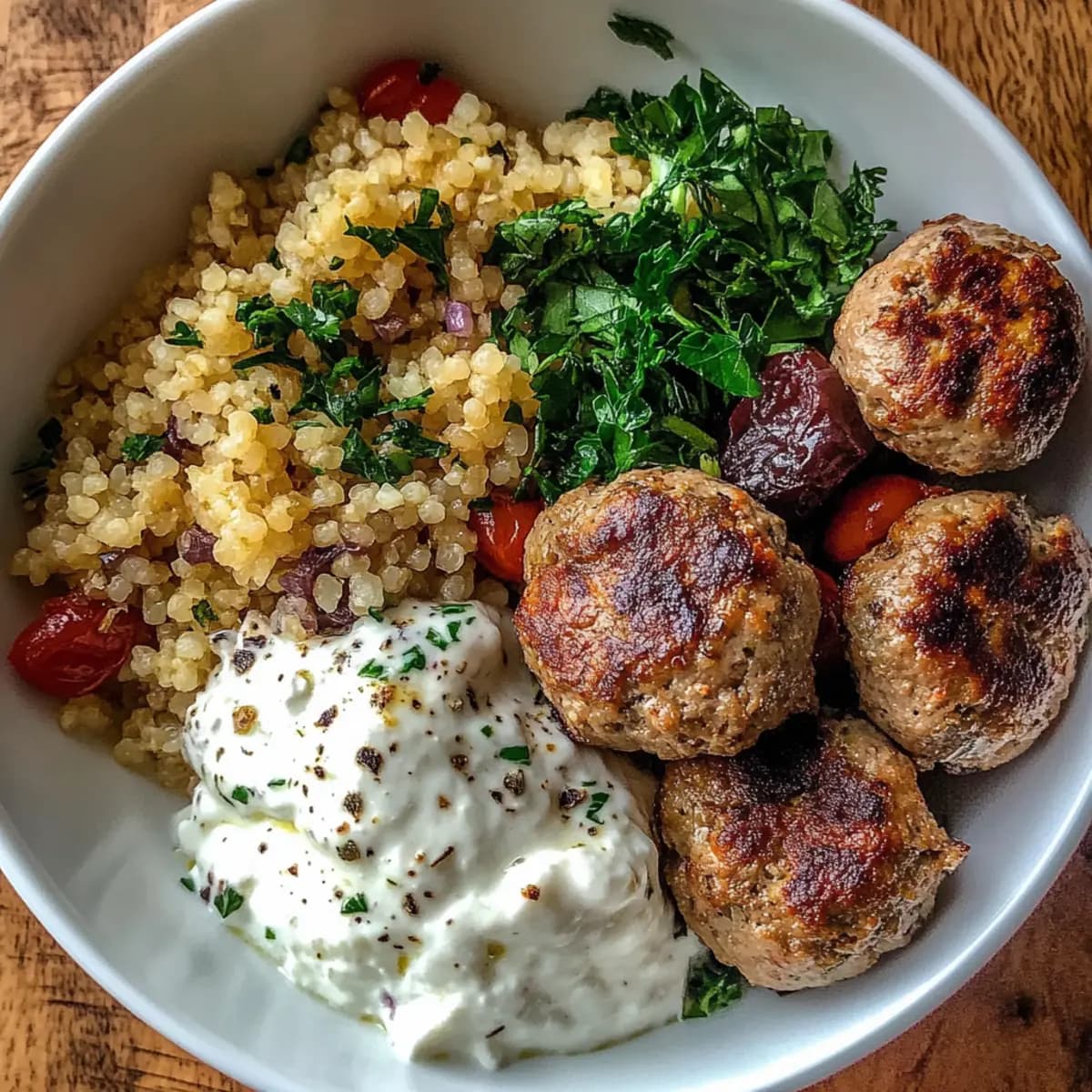 Greek Meatball Bowl with Savory Lamb and Quinoa