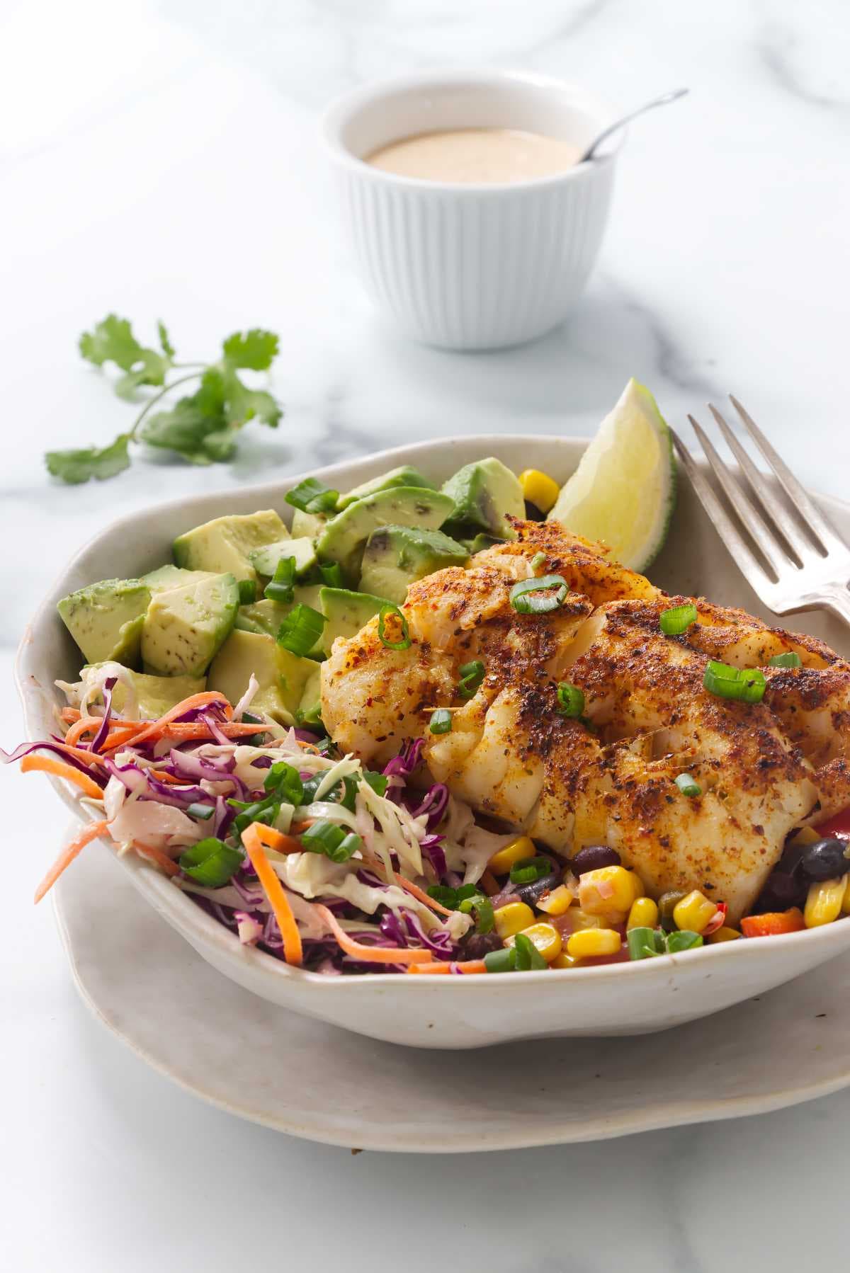 Baja Fish Taco Bowls with Flaky Cod and Black Bean Corn Salsa