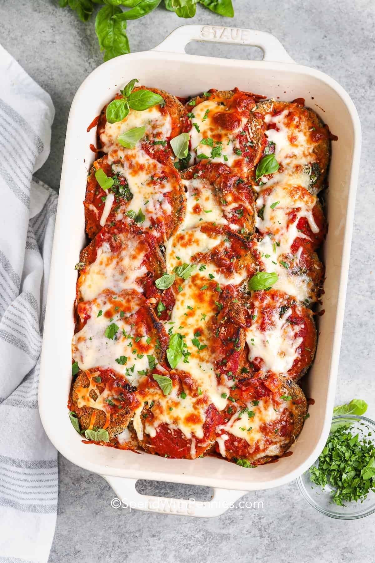 Eggplant Parmesan with Crispy Baked Eggplant and Melty Cheese