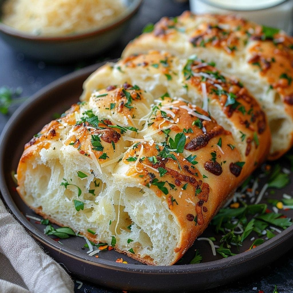 Italian Herbs and Cheese Bread with Crispy Crust and Gooey Cheese